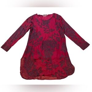 Soft Surrounding Red Romantic Scarlette Rose Sheer Satin Long Sleeve Tunic Top